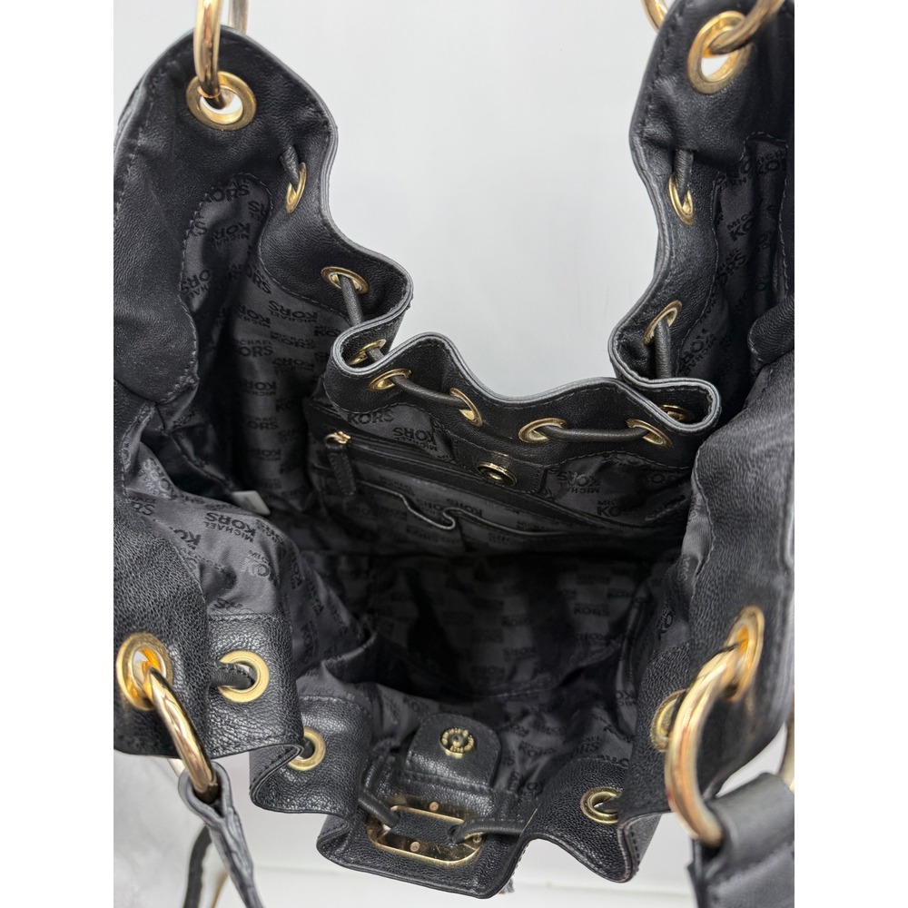 Michael Kors Black Pebbled Leather Hobo Bag Large Gold Hardware Drawstring Y2K - Picture 11 of 14
